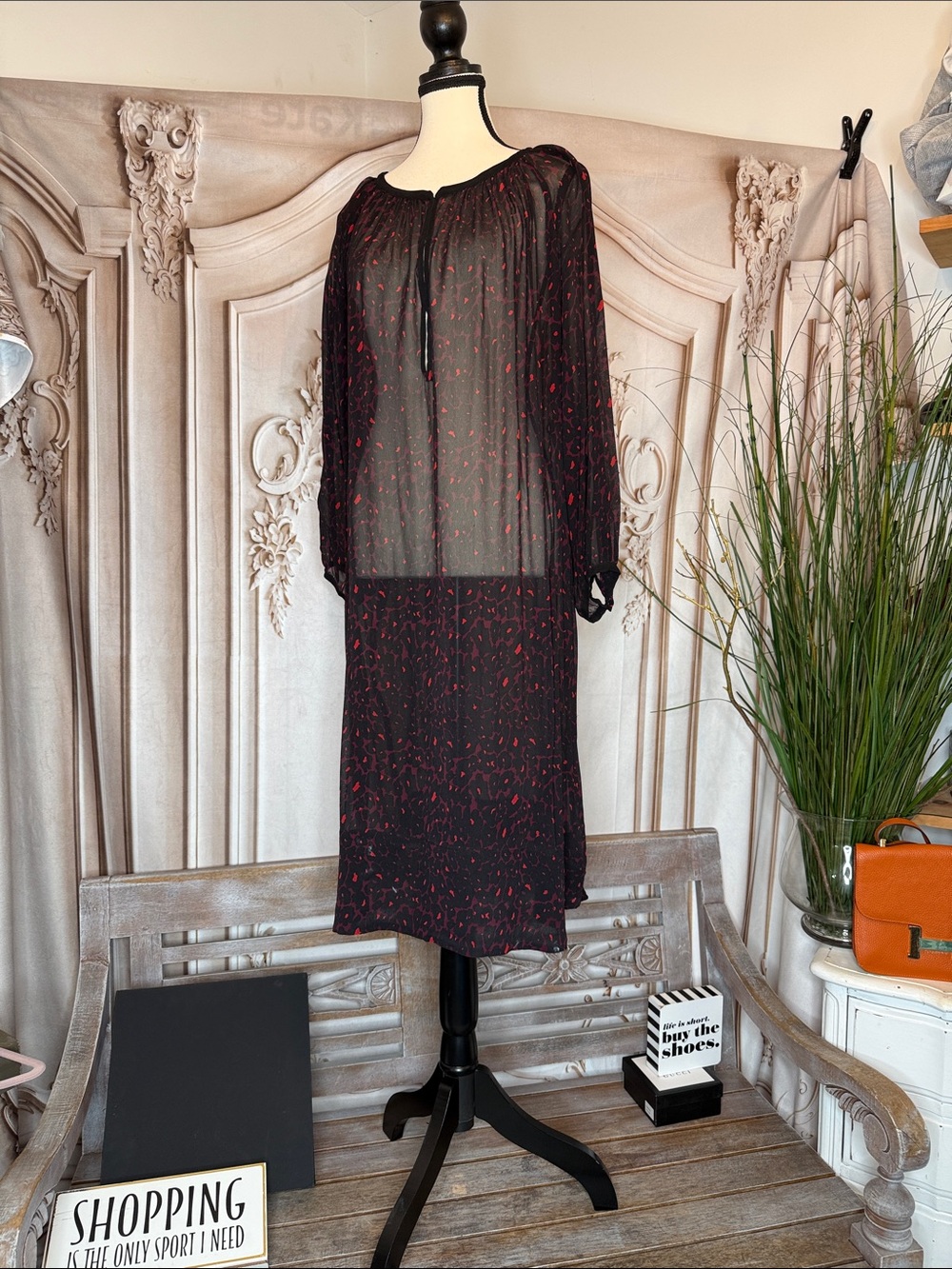 GERARD DAREL Sheer Black Dress with Red Fleck Print